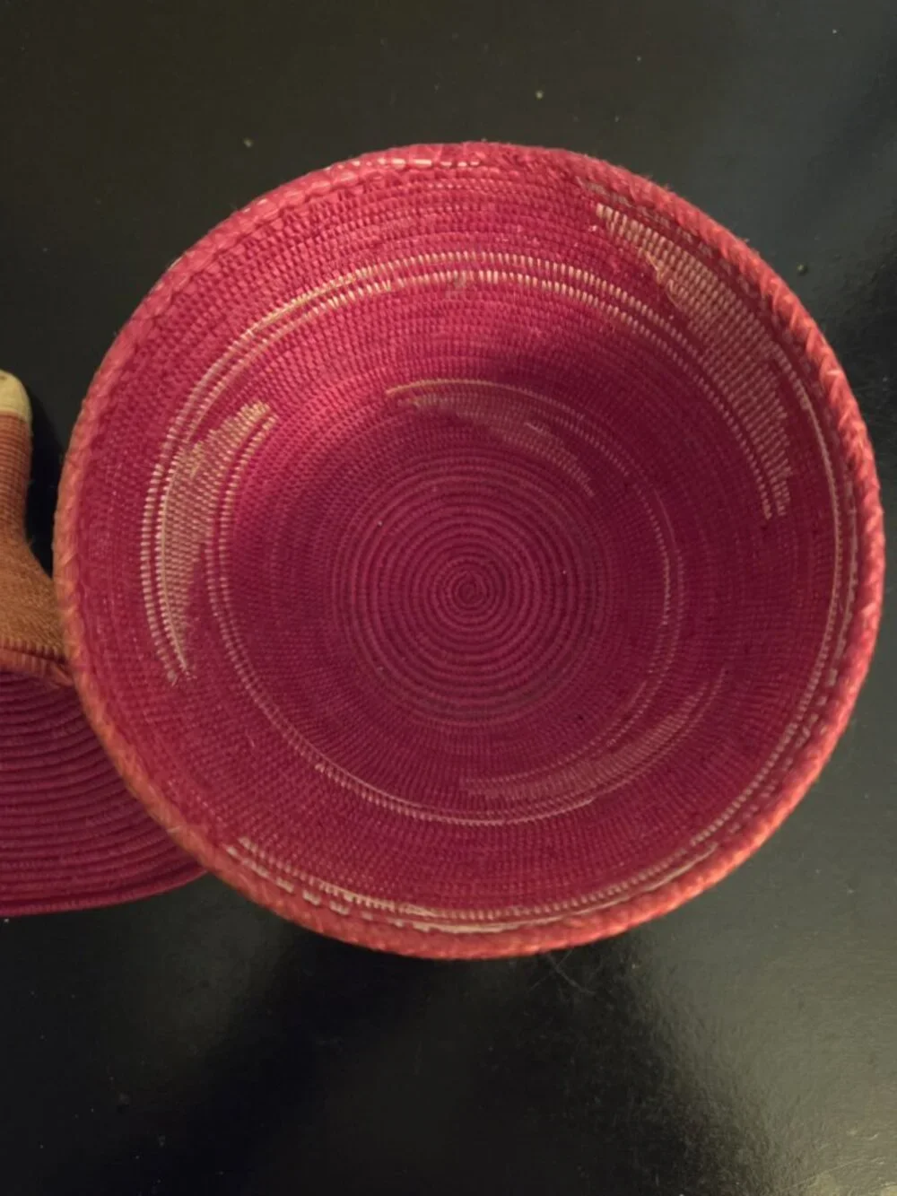 Lidded basket; handmade Rwandan craft; red & cream; Certificate of Authenticity